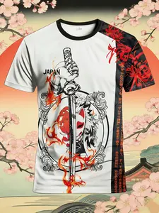 Men's Football Jersey Fan Edition, Samurai Sword Pattern Round Neck Comfortable Sports Top, Breathable Knit Fabric, Japanese Fox Print, Jersey Tee