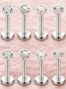 8 Pcs Silvery Heart Round CZ Body Piercing Studs for Women Men Sturdy Titanium Construction Excellent Texture Safe Using Property Bright Zirconia Gorgeous Shiny Visual Effect Flexible Wearing Design Various Styles for Tragus Helix Labret Nostril Use