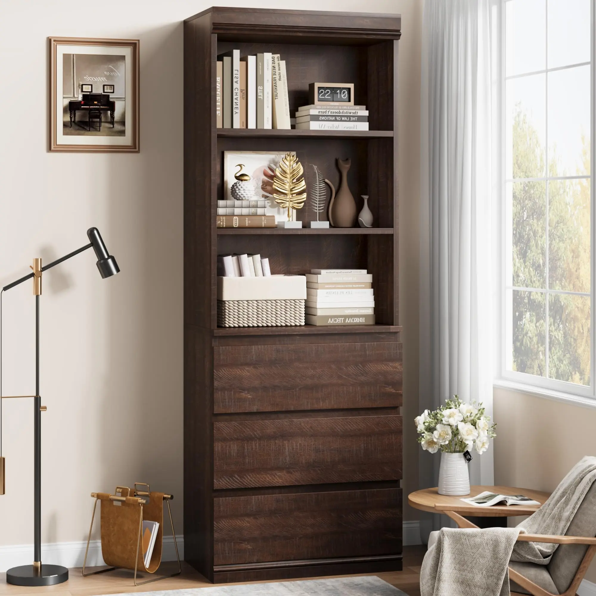 Garvee 70"H Bookcase with 3 Storage Drawers,Tall Bookshelf w/ 3-Tier Open Shelf, Morden Storage Bookcase Wooden Deep Bookshelves Storage Cabinet Organizer for Library Office Living Room (Brown)