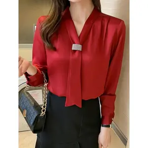 Red Chiffon Shirt for Women, Fashionable Long-Sleeve Blouse with Professional Style