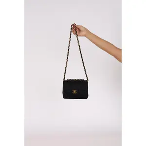 Pre-owned CHANEL Designer Handbag/Wallet Shoulder Bags Turnlock Mini Square Flap Black Satin 1994 24K GP