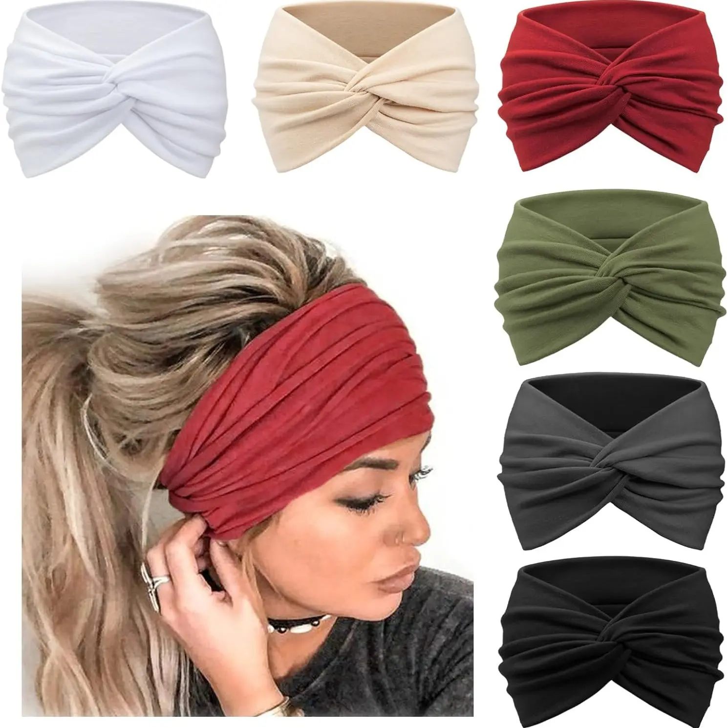 Wide Boho Turban Headbands 6 Pack - Large Knotted Hair Wraps - Non Slip Stretchy Boho Wide Headbands for Women - Non-Slip Workout Head Bands  main image 3