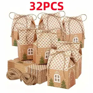 32pcs Mini Kraft Paper Gift Boxes, Gingerbread House Design, &, Christmas Party Favors, Wedding Favor Boxes, Tree-Shaped