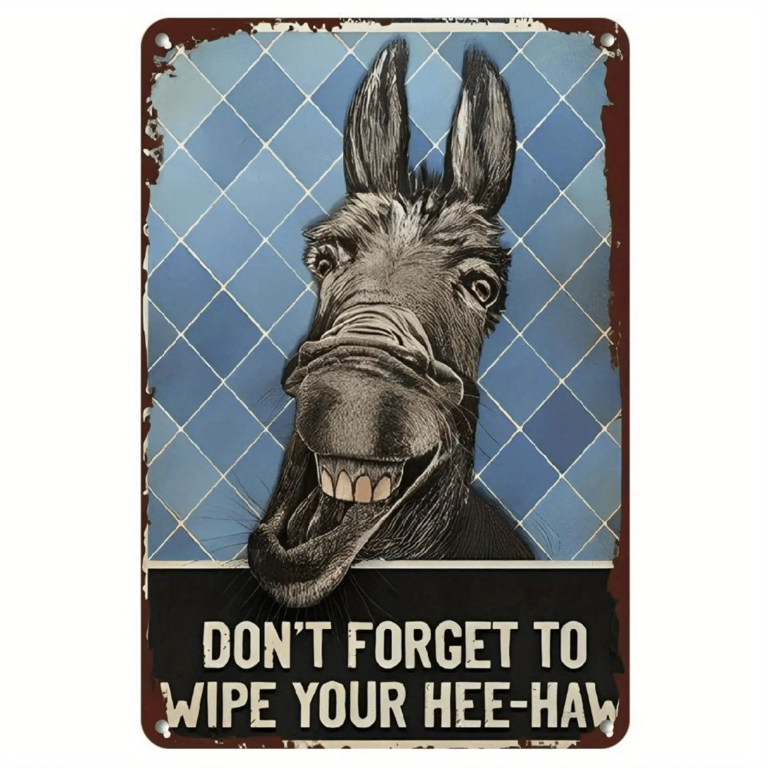 Funny Donkey 'Wipe Your Hee-Haw' 8x12 in PVC Rustic Distressed Metal Sign - 1 Size, Nursing Home Decor, Brightening Vibrant Wall Hanging, Classic Bathroom Wall Art, Bedroom Humor Sign, One Size, Easy Install