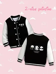 Girls' Panda Print Baseball Jacket, Cute Cartoon Design, Soft Fabric, Easy to Clean, Fall & Winter Outerwear, School & Play