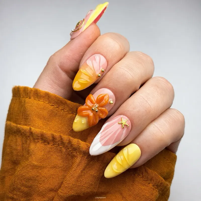Tropical Sunset 3D Floral Press-On Nails