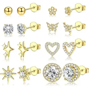 MILACOLATO 8 Pairs 925 Sterling Silver Hypoallergenic Earrings Set for Multiple Piercing Dainty 14K Plated Gold Stud Huggie Small Earrings for Women Trendy Cute Earring Stacks for Sensitive Ears Jewelry Gift, Earring Stack