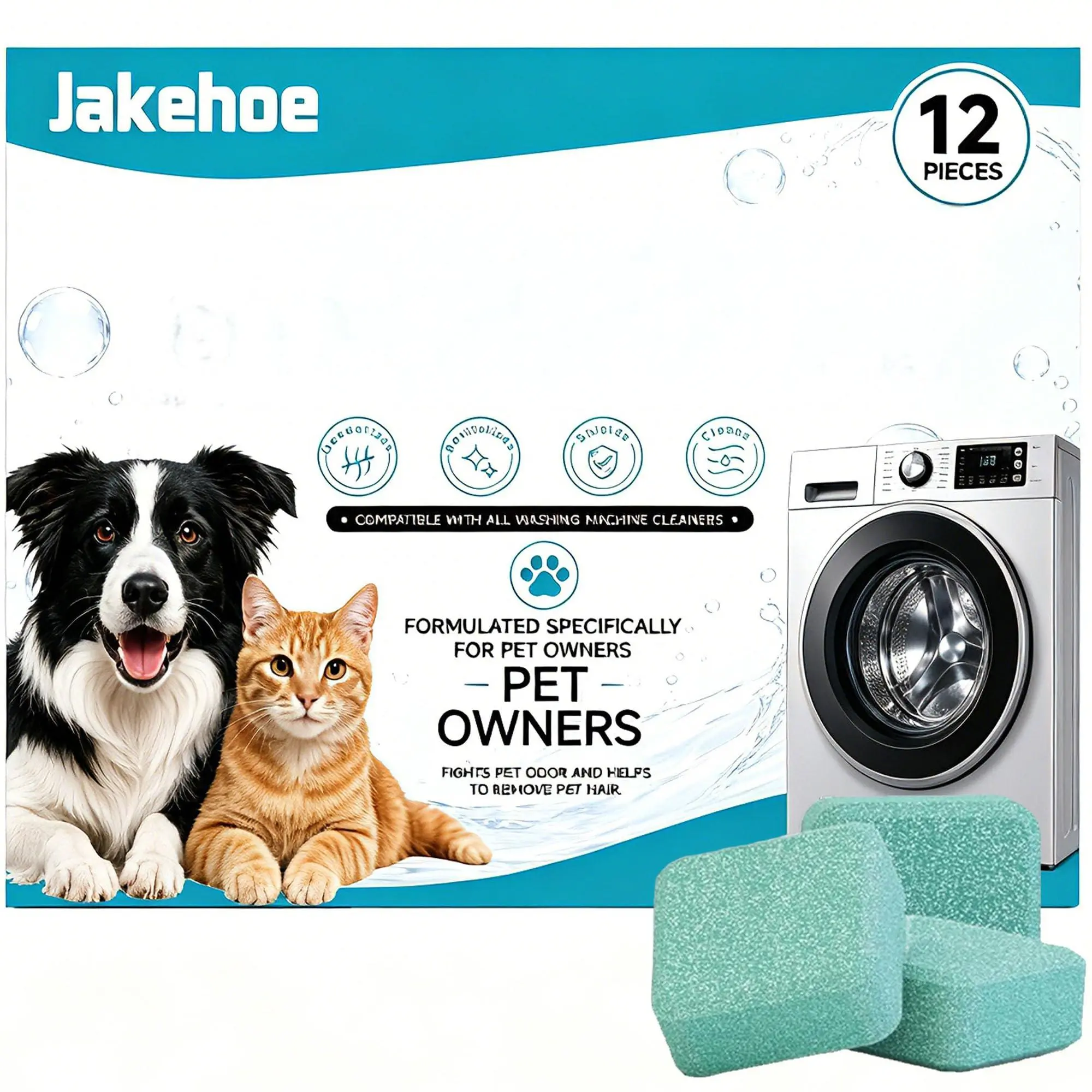 Washing Machine Cleaner Tablets 12 Count for Pet Owners, Odor & Residue Buildup, For Front Load, Top Load & He Washers, Monthly Maintenance Descaling Tablets for Cleaner Drum & Fresher Laundry