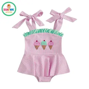 Baby Girl Rash Guard Swimsuit Ice Cream Embroidery Striped Ruffled Trim Tie Shoulder Infant Girl Swimwear