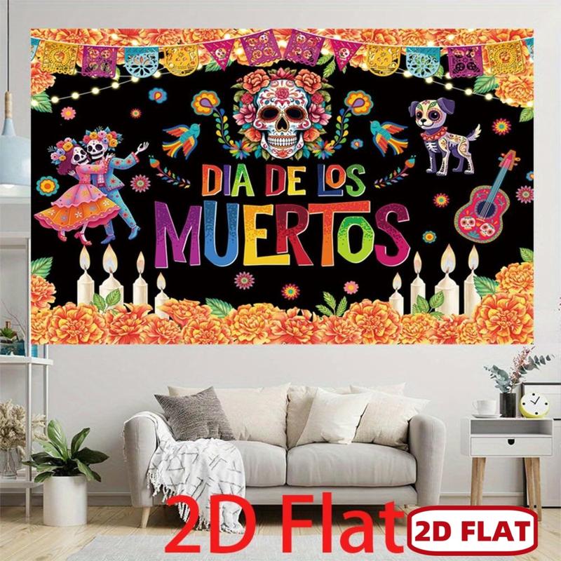 1pc 2D Flat Day of the Dead Banner Backdrop with Skulls, Marigolds, Candles, String Lights, Dancing Couple & Sombreros - Vibrant Mexican Fiesta Party Decorations for Indoor/Outdoor Día de los