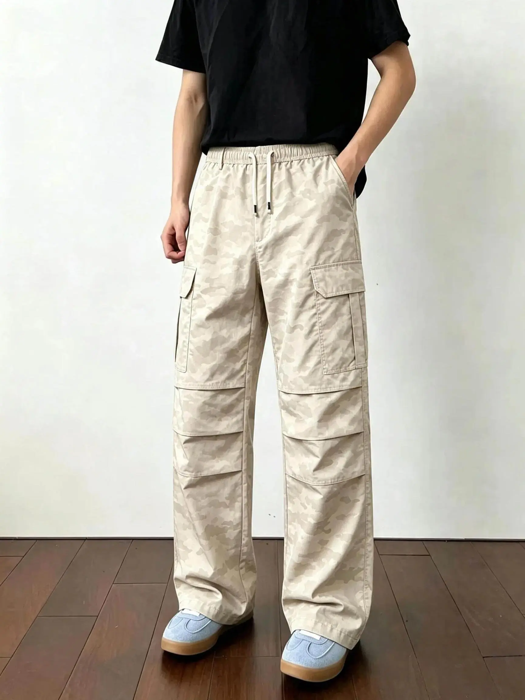 Men's Beige Oversized Baggy Wide-Leg Camo Cargo Pants - Elastic Waist Drawstring Menswear Trousers with Multi Pockets, Comfy Durable Breathable Lightweight Fabric for Hiking, Daily Use