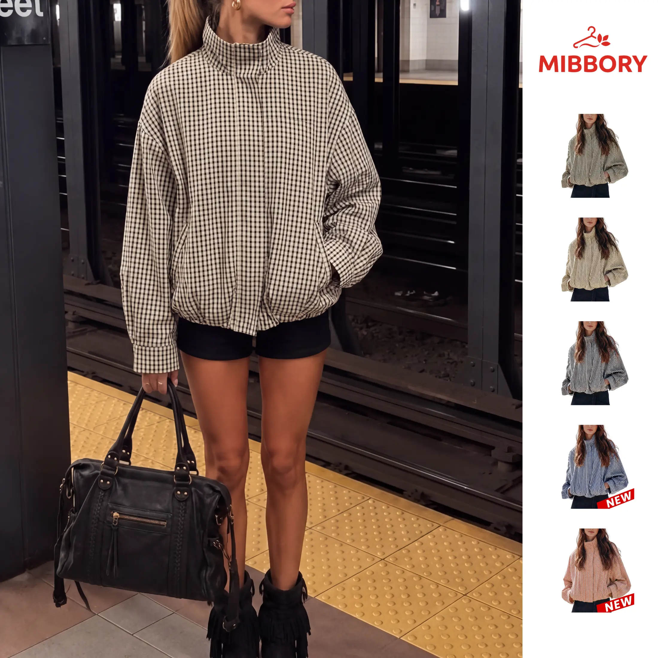 Mibbory Gingham Plaid Jacket for Women 2026 Fall Fashion Cropped Zip Up Coat | Stand Collar Batwing Sleeve Oversized Jacket with Pockets Drawstring Hem, Fully Lined Snap Button Lightweight Outfits, Trendy Daily Wear
