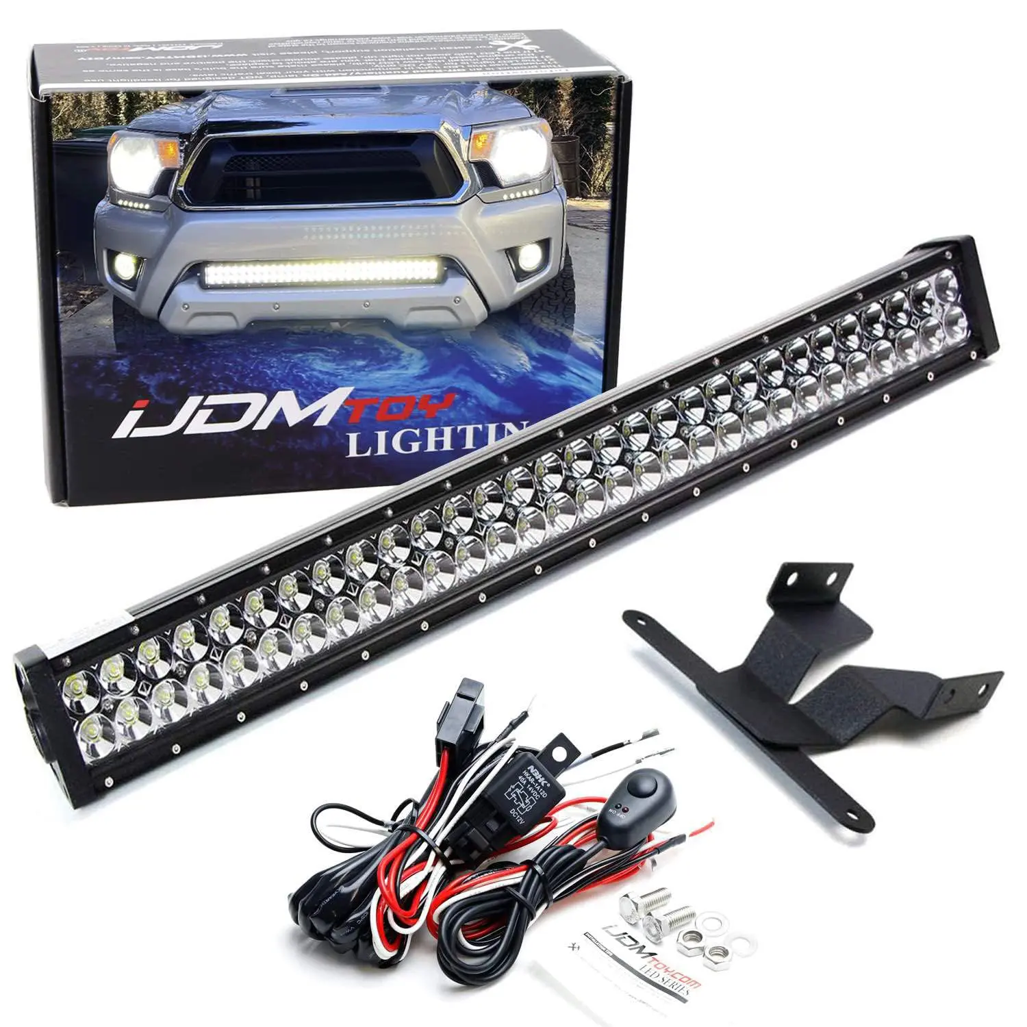 iJDMTOY Lower Grille 30-Inch LED Light Bar Kit For 2005-15 Toyota Tacoma, Includes (1) 180W High Power LED Lightbar, Lower Bumper Opening Mounting Brackets & On/Off Switch Wiring Kit