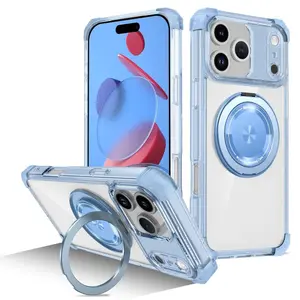 Rotating Holder Magnetic Folding Stand Clear Phone Case For iPhone 15 17 16 Plus 14 13 12 11 Pro Max Armor Bumper Back Cover