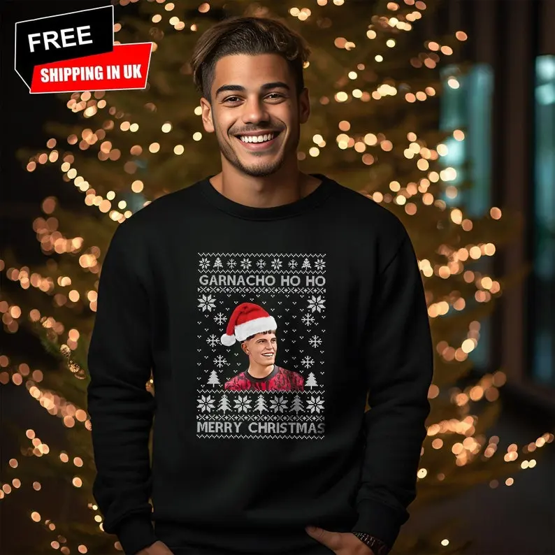 Garnacho Ho Ho Merry Christmas Sweatshirt, Ugly Christmas Football Jumper, Alejandro Garnacho Xmas Sweater