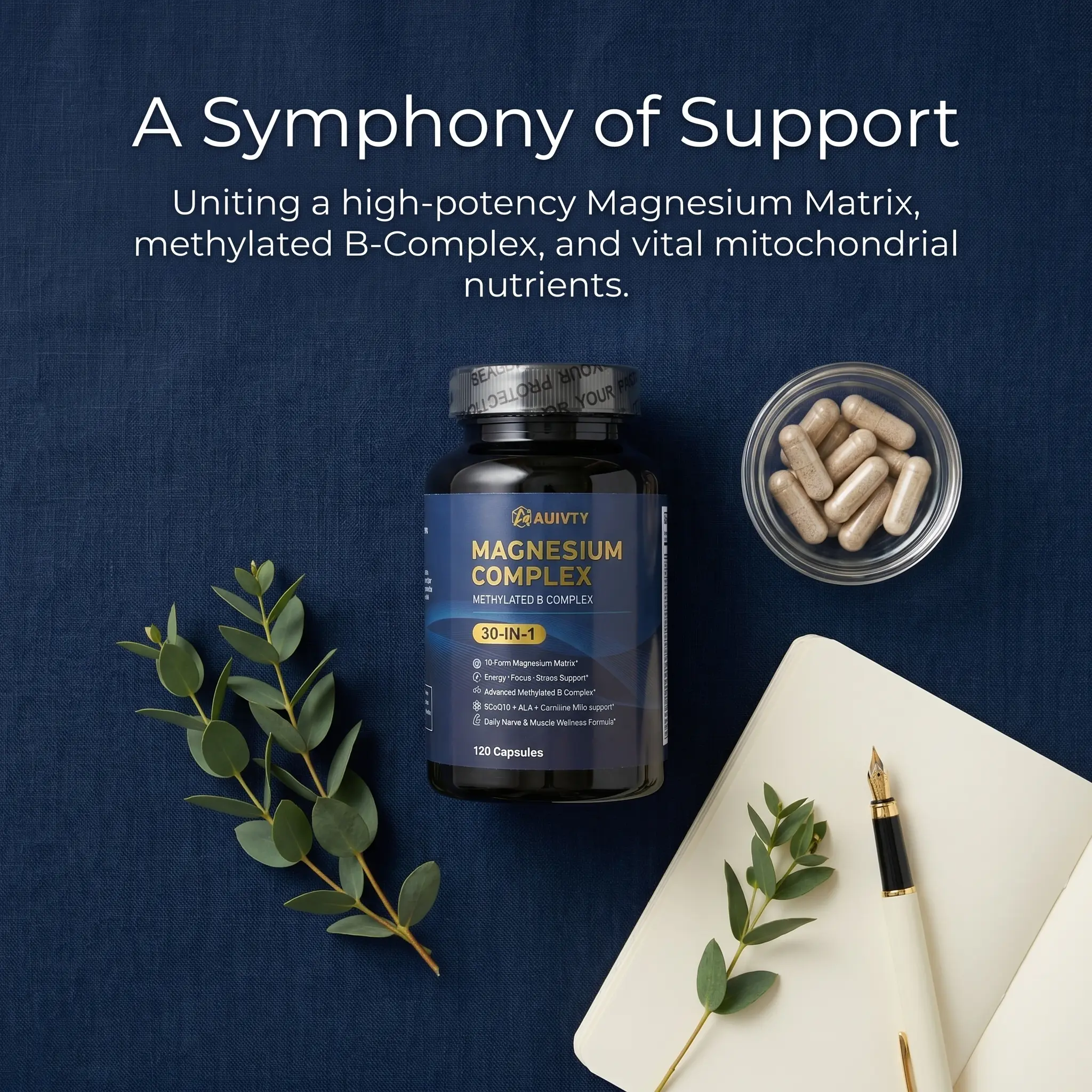 Auivty Magnesium Complex Vitamin Supplement - 10-Form Magnesium with  Methylated B-Complex, CoQ10, ALA, L-Carnitine - Energy Boost, Nerve &  Muscle Support - 120 Capsules (60-Day Supply)