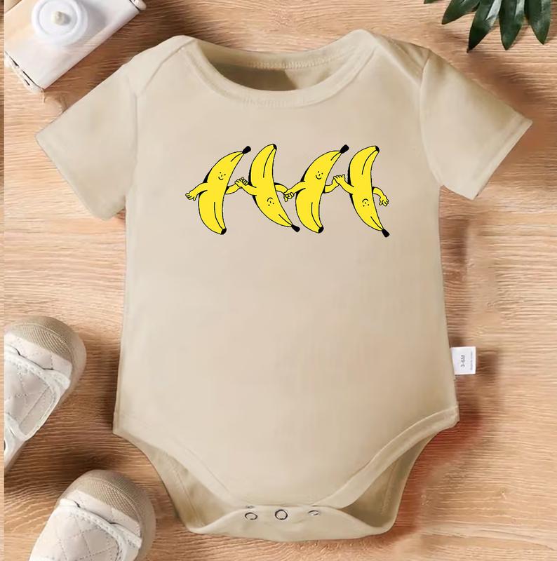 100% Cotton Baby Romper - Soft Short Sleeve Jumpsuit with Holding Hands Banana Cartoon Print, Casual Outfit Suitable for Newborns, Machine Washable Infant Clothing, Perfect for Daily Play