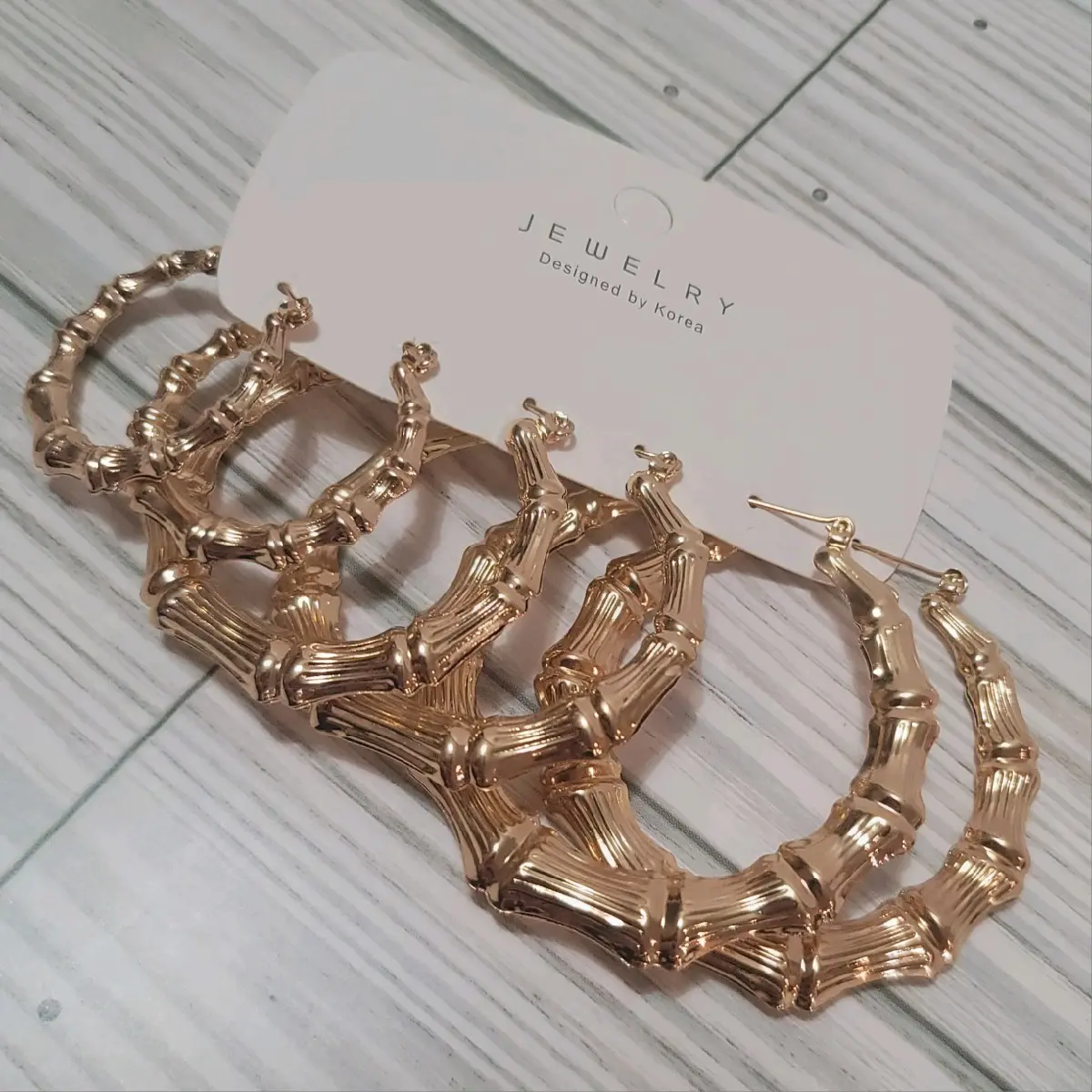 3 Pairs of Bamboo Hoop Earrings in Stylish Gold Color