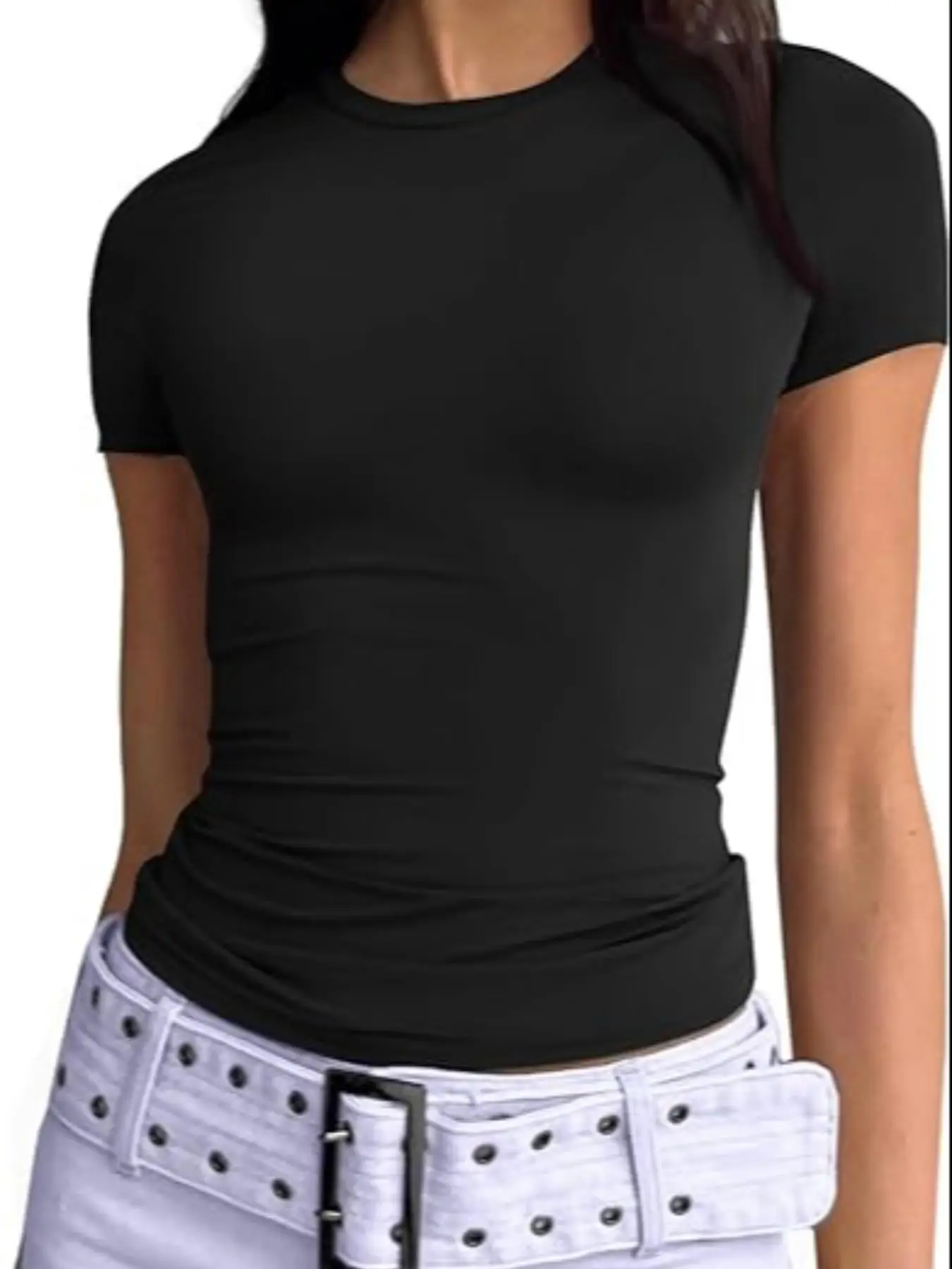 Women's Solid Round Neck Lounge Tee, Casual Comfy Short Sleeve T-shirt for Daily Wear, Ladies Tshirt Top for Indoor Outdoor Wear