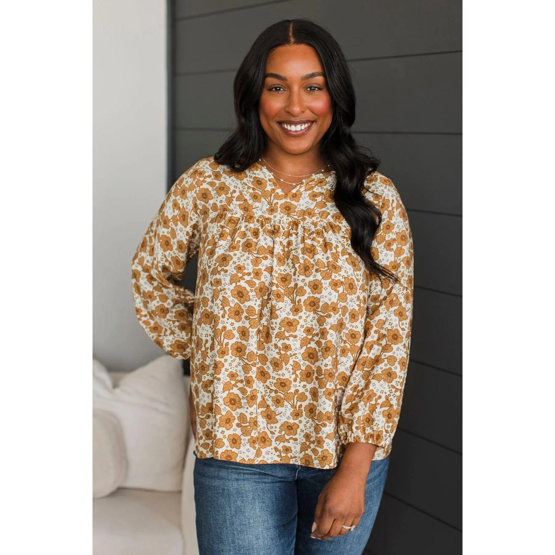 Women's Long Sleeve Lightweight Loose-Fitting Always In Bloom Floral Pattern Rayon Blouse - Cream & Mustard 2-Tone Casual Top, Nylon Accent, Bust Seam Detail, Gathering, Small Size, Fabric