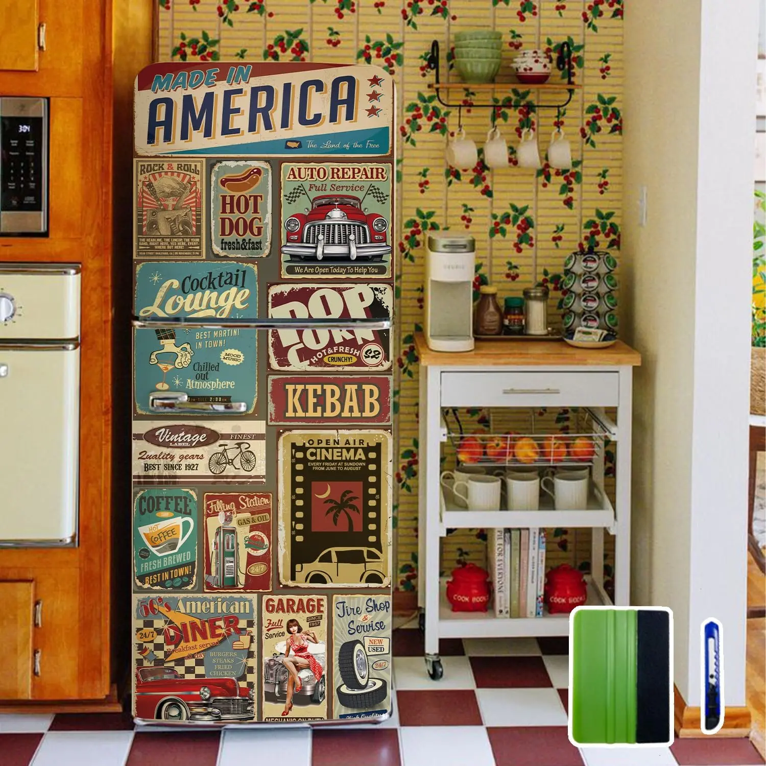 2-Piece Vintage Classical Vinyl Movie Poster Refrigerator Door Wraps - 11.26"x64.17" & 22.5"x57.2", Waterproof Decorative Leather-Textured Home Decor to Hide Imperfections for Kitchen, Living Room, Refrigerator Door Wrap