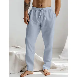 Men's Linen Pants Trousers Summer Pants Drawstring Elastic Waist Plain Comfort Soft Full Length Daily Beach Fashion Simple White Blue Micro-elastic
