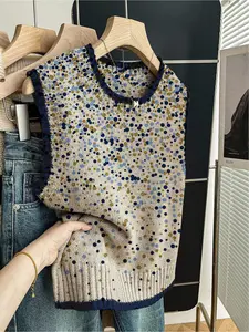 1 + Spring and summer back to school casual loose round neck sleeved wool knit with dark blue stitched border and polka dot print women's knit top women's outerwear top, with a vest, wear alone
