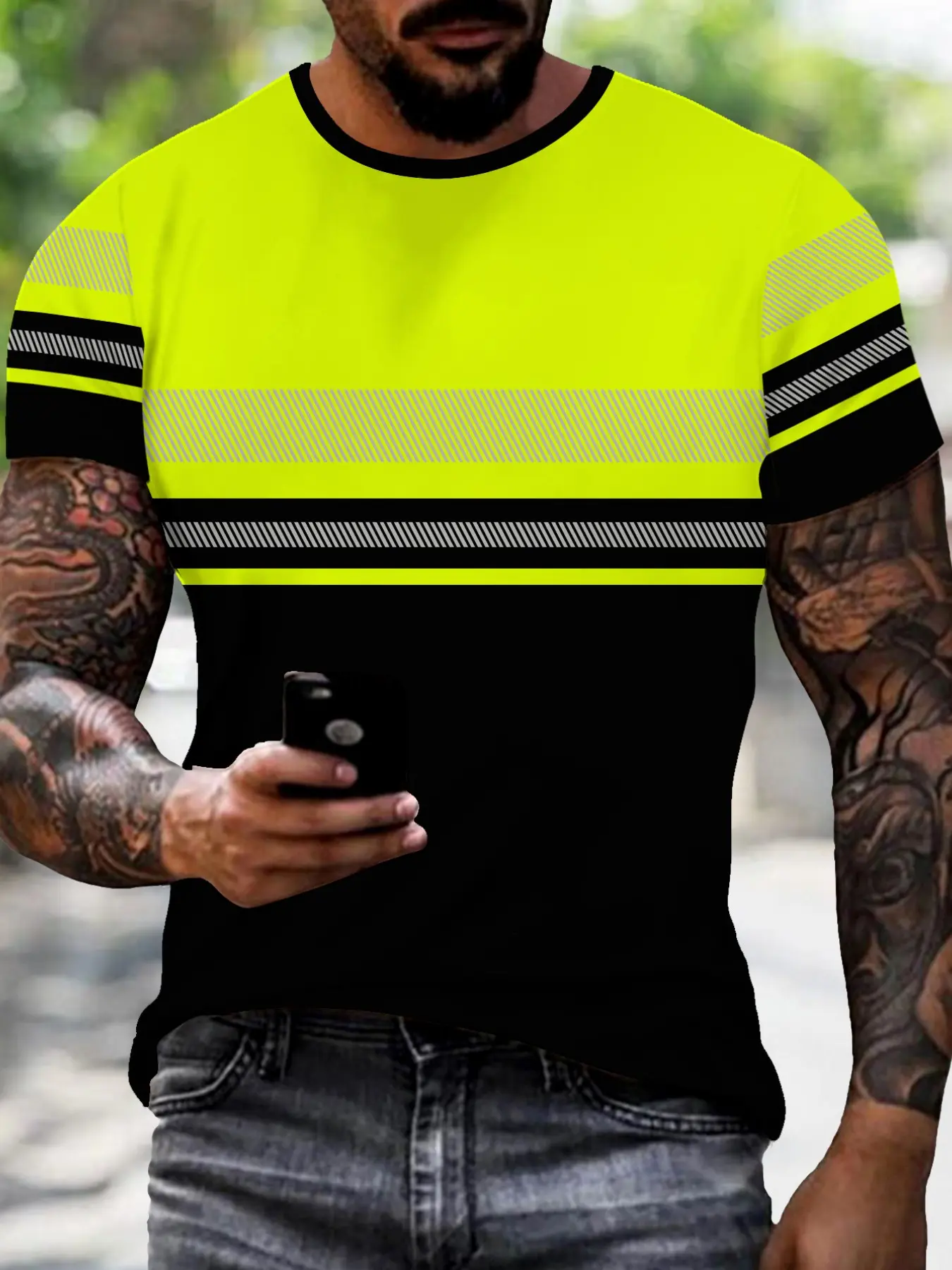 Fluro Reflective Stripes Fitted Streetwear T-Shirt Round Neck Crewneck Print, Industrial Safety Casual Style Short Sleeve, Fashion Comfort Design, Perfect Daily Wear Gift Choice Man