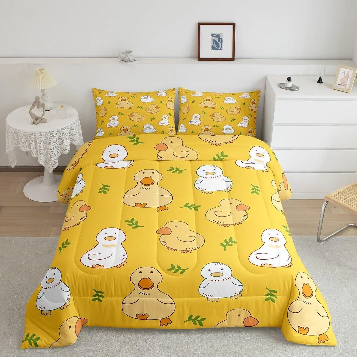 Feelyou Cartoon Duck Print Microfiber Duvet Set - Polyester Fiber Farm Animals Theme Kids Bedding, Multi-Size, Soft Breathable U-Stitch Quilt, Hand-Drawn Goose Insert, Travel-Friendly Camping-Ready, Cartoon Printed Blanket, Kids Quilt