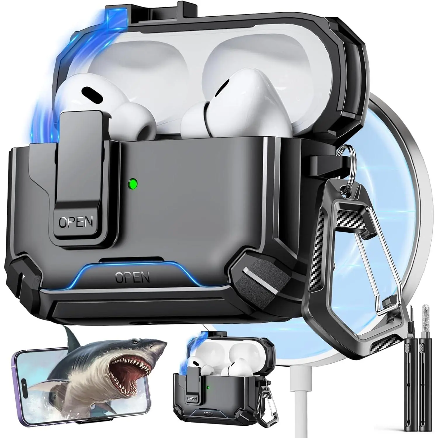 AirPods Pro Case Cover for 2nd/1st Gen Headphone Charging Case, with MagSafe Compatibility, Magnetic Auto Lock, Phone Stand, Cleaning Kit (USB-C/Lightning Cable Compatible)