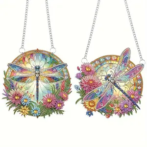 Dragonfly & Flower Pattern DIY Diamond Arts Colorful Painting Kit without Frame, 5D Diamond Arts Colorful Painting Pendant Kit, Hanging Window Pendant Ornament
