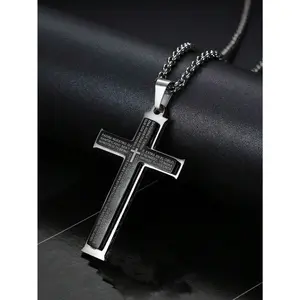 Men's 1pc Retro Letter Bible Black Cross Stainless Steel Necklace with Long Link Chain, Casual Daily Jewelry, Father's Day Gift for Dad, Chain Link & Cross Necklaces, Stainless Steel Necklaces
