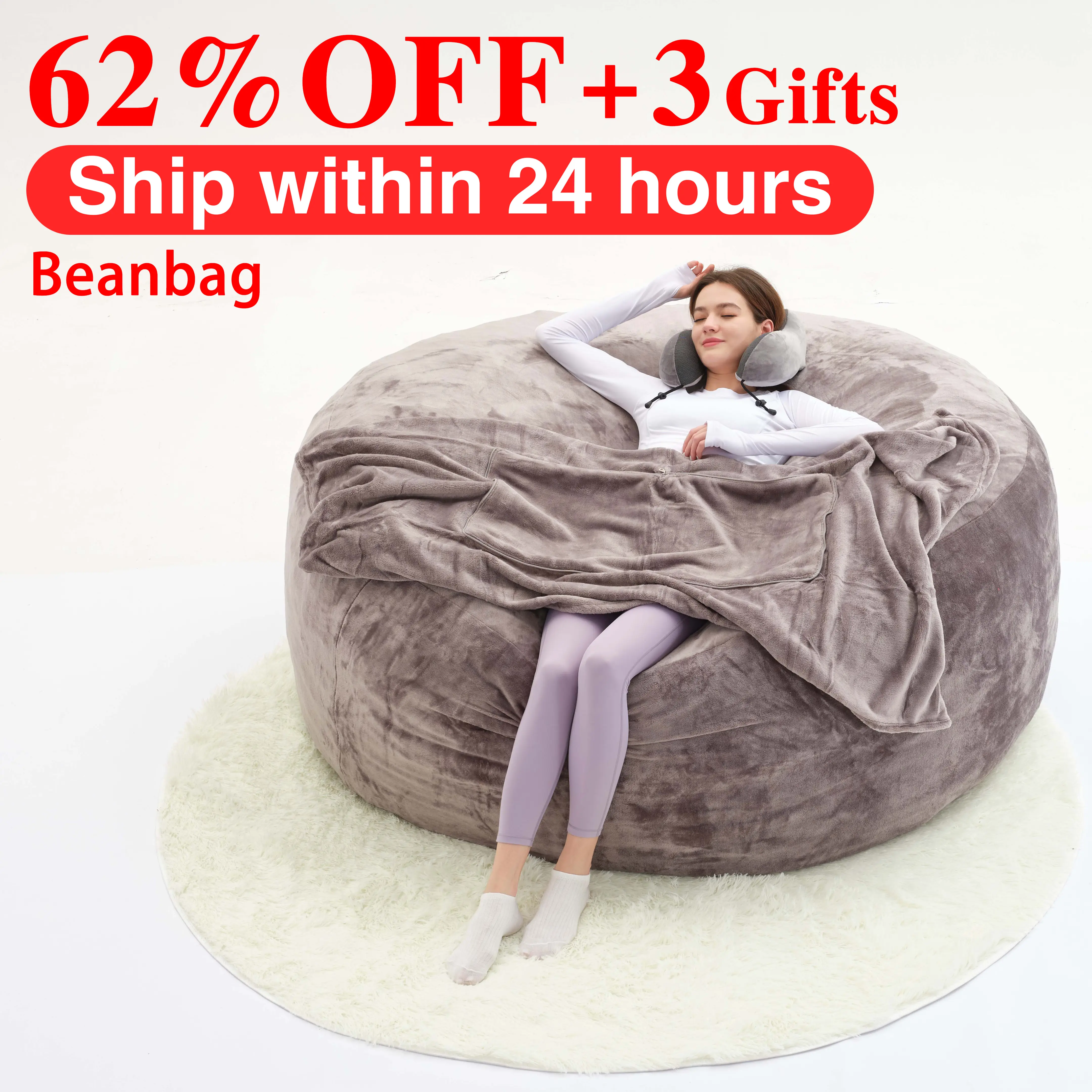 5FT JUMBO Bean Bag with 3 Gifts - Soft Flannel Fabric High-Rebound Memory Foam Lazy Sofa Beanbag Chair for Home Comfort & Relaxation