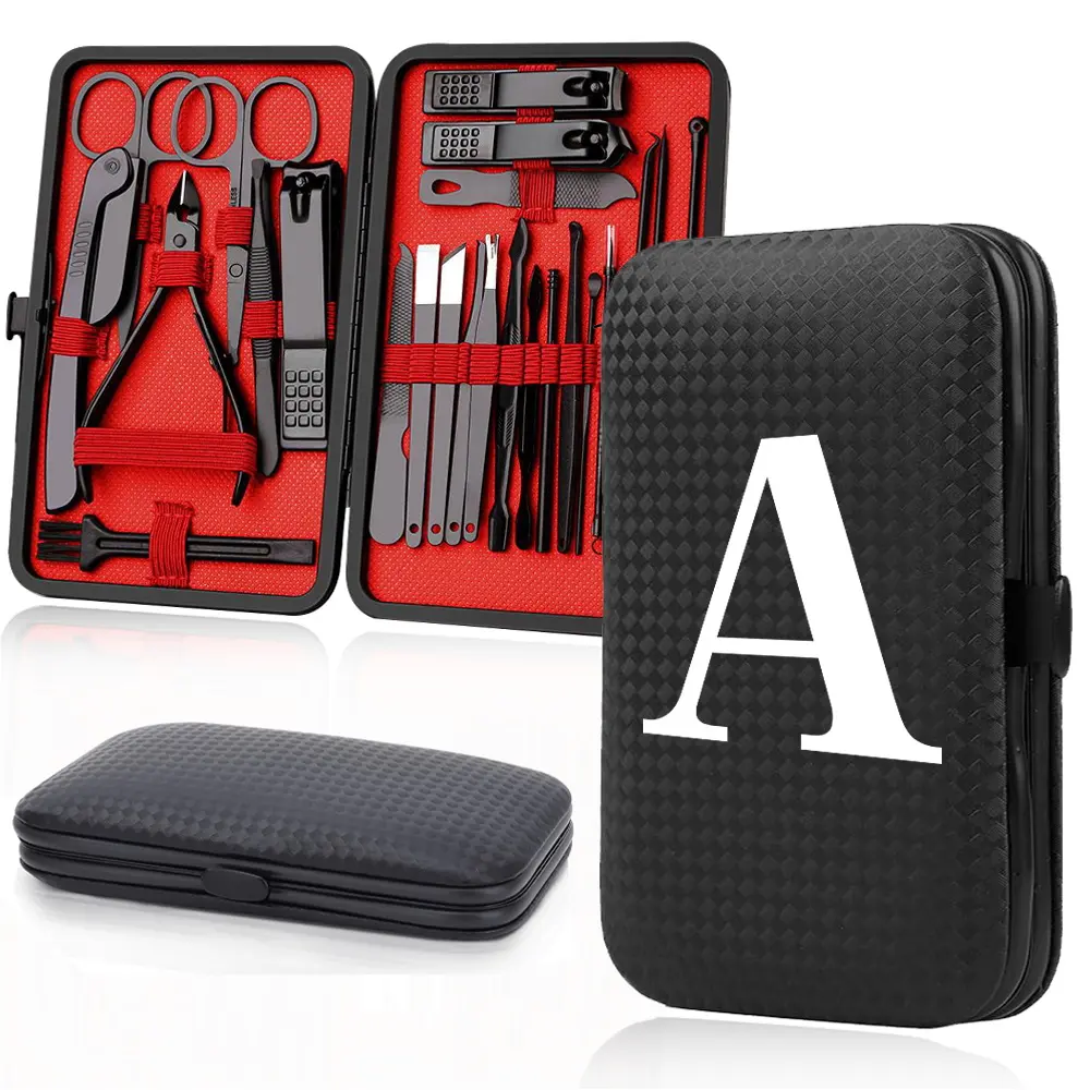 24 in 1 Stainless Steel Nail File Kit | Manicure/Pedicure Tools Set with Folding Organizer Case | Home Supplies for Women & Men | White 26 Letters Patterns | Ideal Gifts for Halloween & Christmas