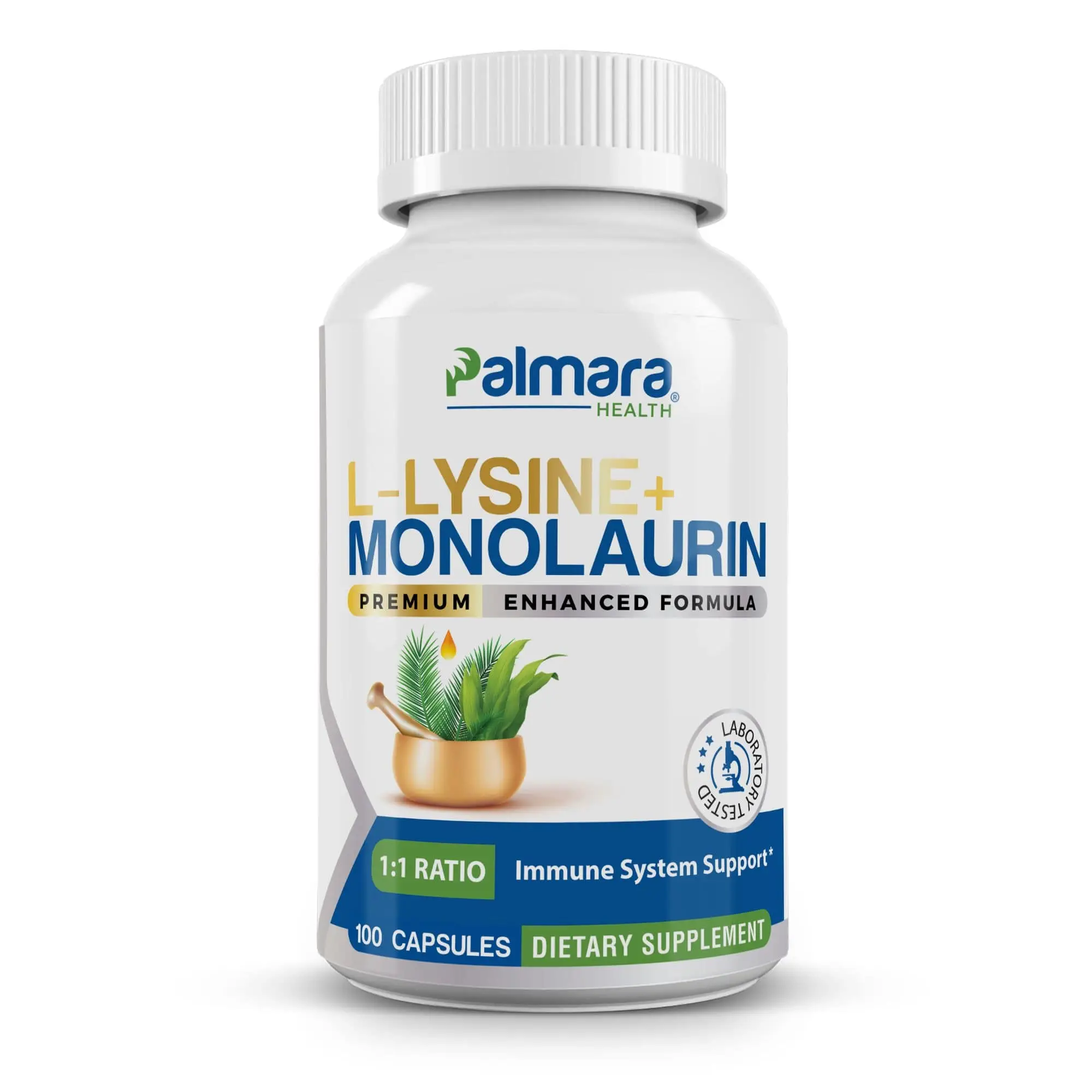 L-Lysine + Monolaurin 600mg – Immune and Digestive Support 1:1 Ratio, 100 Capsules | Palmara Health