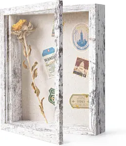 8x10 Shadow Box Frame with Linen Back - Real Glass, Push Pins Included, Sturdy Rustic Memory Display Case, Fits 6.8x8.8 Inserts, Distressed White