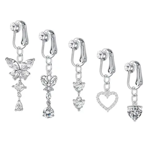 Rhinestone & Butterfly Decor Non-piercing Clip Belly Piercing Belly Button Rings, 5counts Belly Piercing Jewelry for Party, Daily Clothing Decor for Girl, As Birthday Gift for Back To School Body Jewelry