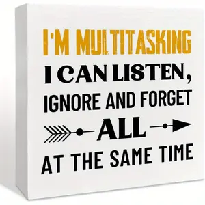 I'm Multitasking Funny Wood Box Home Office Desk Decor Sign, Wooden Home Sign, Funny Desk Accessories Decor for Home Office Man Cave Bar, Gifts for Coworkers Colleagues Boss, Home Office Decoration 5x5 inch