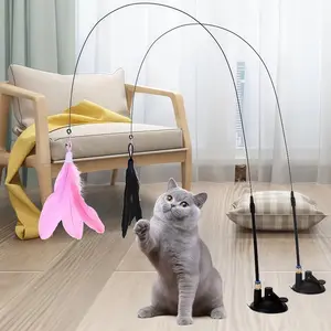 Extendable Cat Teaser Pole with Suction Cup Base, Interactive Feather Bell Cat Toy, Durable Chew Resistant Stick with Replaceable Head for Kitten Play