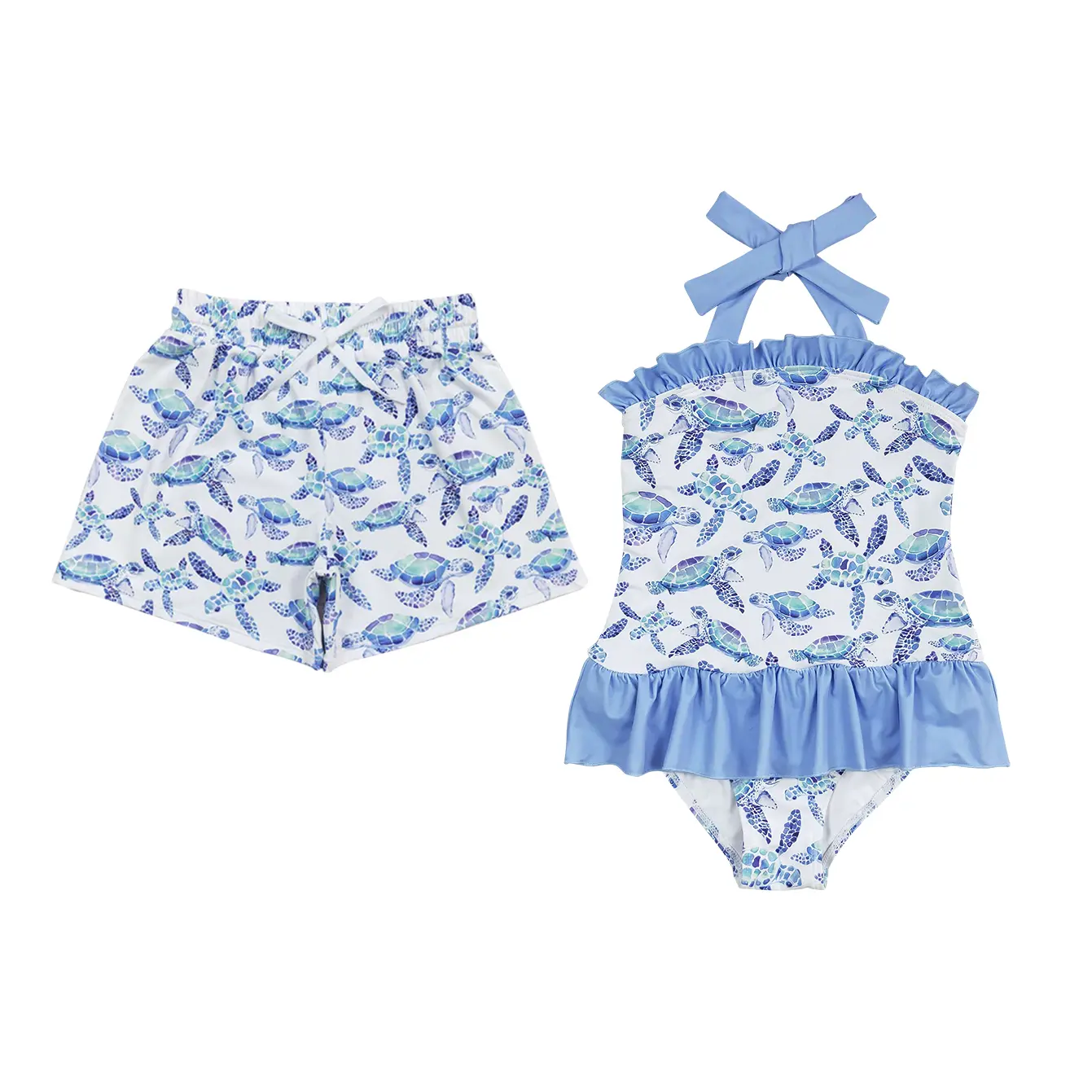 Girls’ Quick-Dry Fabric Swimwear Sets - Blue and White Turtle Print Swimmingoutfit, 3 Months-8 Years Multi-Size Summer Beach Bathing Wear, 2T