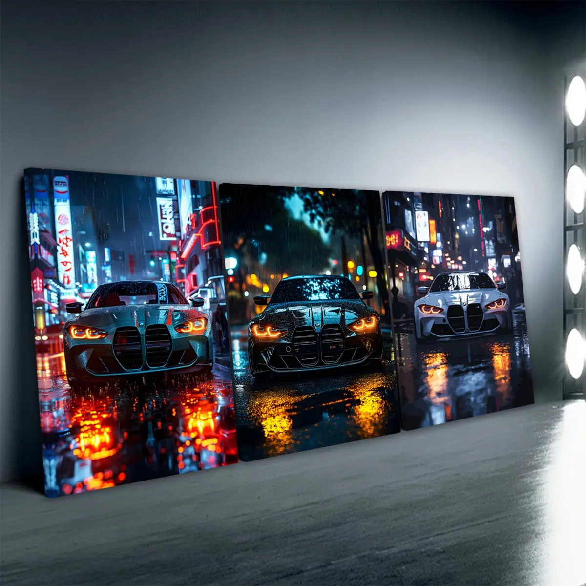 3pcs/Set Wooden Framed, Abstract Car M4 Neon City Wall Art Canvas Painting, Supercar Poster, Modern Cool Design, Modern Minimalist Design Black Sports Car Art Poster, Ideal For Bedroom, Office, Living Room, Home Decoration, Canvas Prints