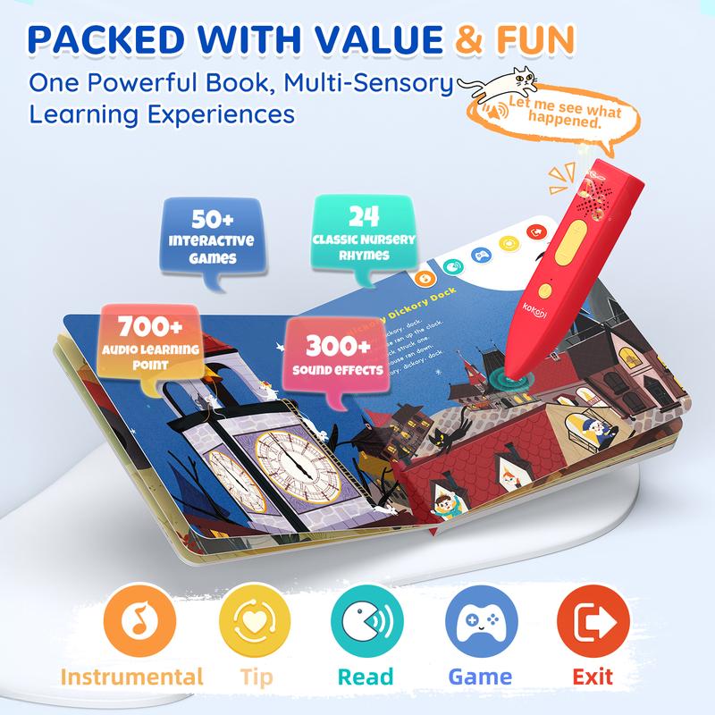 KOKODI Talking Pen Book Sets for Kids, Interactive Audio Sound Books with English Words & Mother Goose Nursery Rhymes, 700+ Touch Points Sensory Learning Toy, Educational Gift for Kids