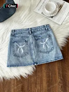 Women's Fashion New Denim Short Skirt, Spring & Fall Trendy Chic Pairing, Elastic Comfort Embroidery Craft, Sexy Fitted Style, Button