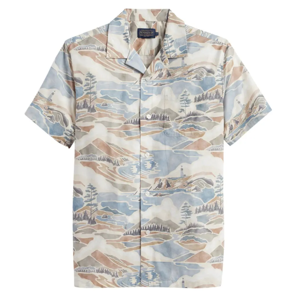 Pendleton Men's Regular Collared Neck Retro Classic Hawaiian Short-Sleeve Button-Down Casual Cotton Shirt - Menswear, Breathable Lightweight Aloha Pacific Landscape, Machine Washable, Cold Wash Compatible
