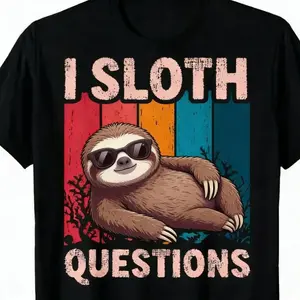 Sloth Questions Retro Graphic Tee for Boys and Girls Fun Casual Short Sleeve Shirt with Bold Colorful Design Soft Stretch Fabric Perfect for Summer Men Crew Neck Cotton Print Round Neck T Shirt