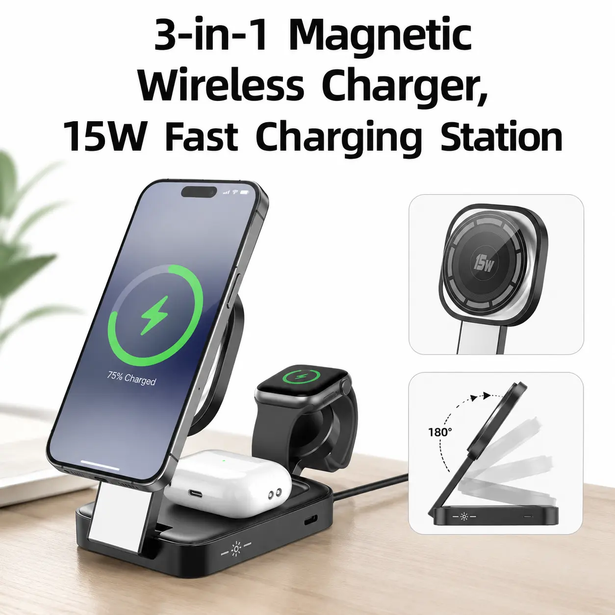 3-Way Foldable Magnetic Snap Portable Charger Stand - USB-C Port Anti-Tangling Wireless Fast Charging Station for Smartphone, Pad, Portable Chargers, Anti-Tangling Chargers