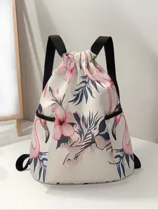 Flamingo Print Drawstring Backpack, Large Capacity Durable Fitness Bag, Adjustable Shoulder Straps, Unisex Travel Hiking Camping