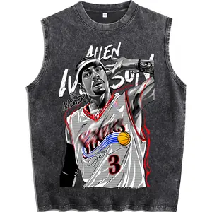 Men's Mineral Wash Graphic Tank Top - Allen Iverson The Answer Retro Basketball Icon Muscle Tee, Durable Quick-Dry Breathable Streetwear Gym Vest, Comic-Style Fan Gift for Summer Vibes