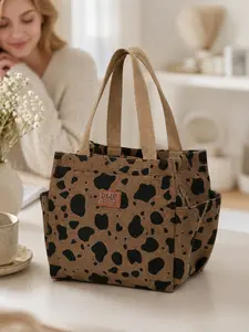 Stylish Leopard Cow Print Tote Bag for Women Corduroy Casual Handbag with Zipper Multi Pocket Lunch Carry Bag Lightweight Shoulder Purse for Work School Beach Picnic Travel Daily Use Christmas Halloween Birthday Gift for Women and Teen Girls