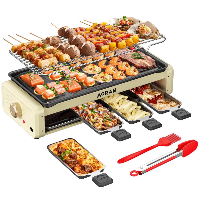 AORAN 1800W Electric Indoor Grill 2 in 1 with Grill Net Non-stick Cooking Removable Plate Temperature Control Smokeless Barbecue for Family Meals